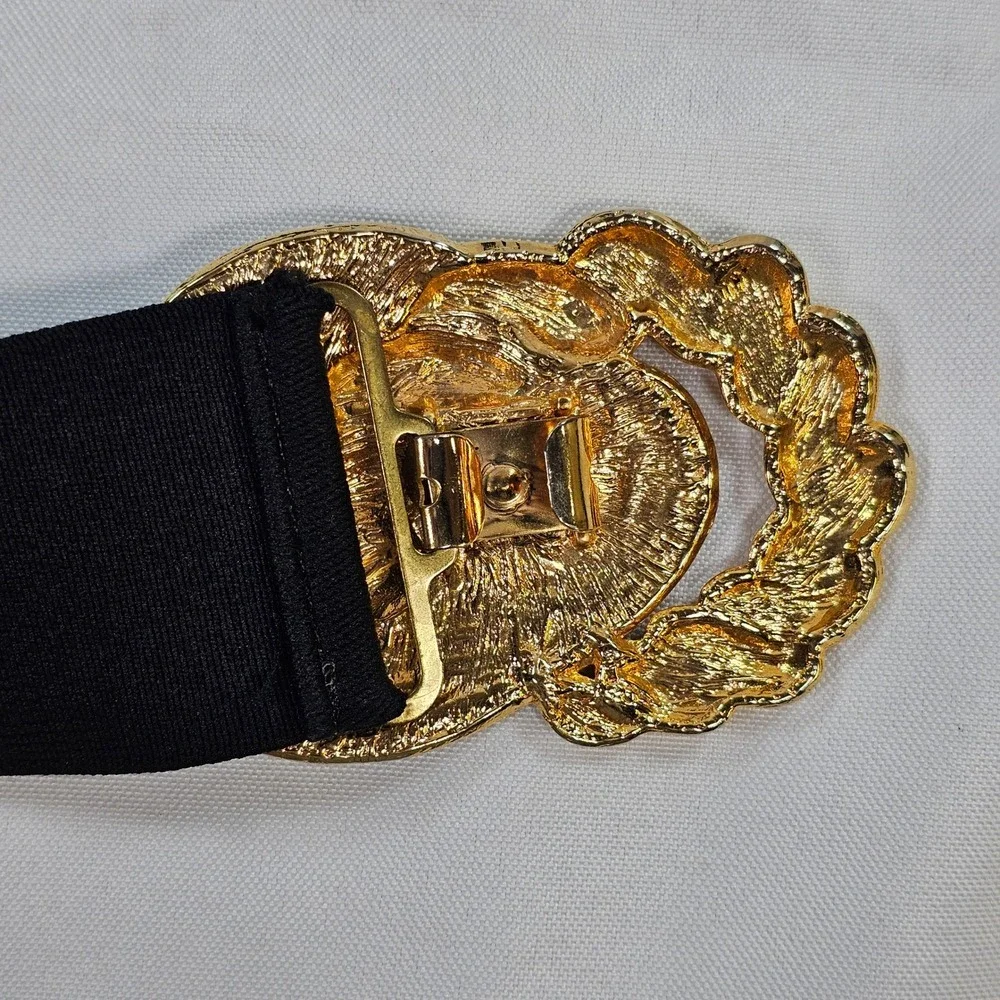 Vintage Black Enamel Gold Tone Twisted Rope Buckle Elastic Cinch Waist Belt